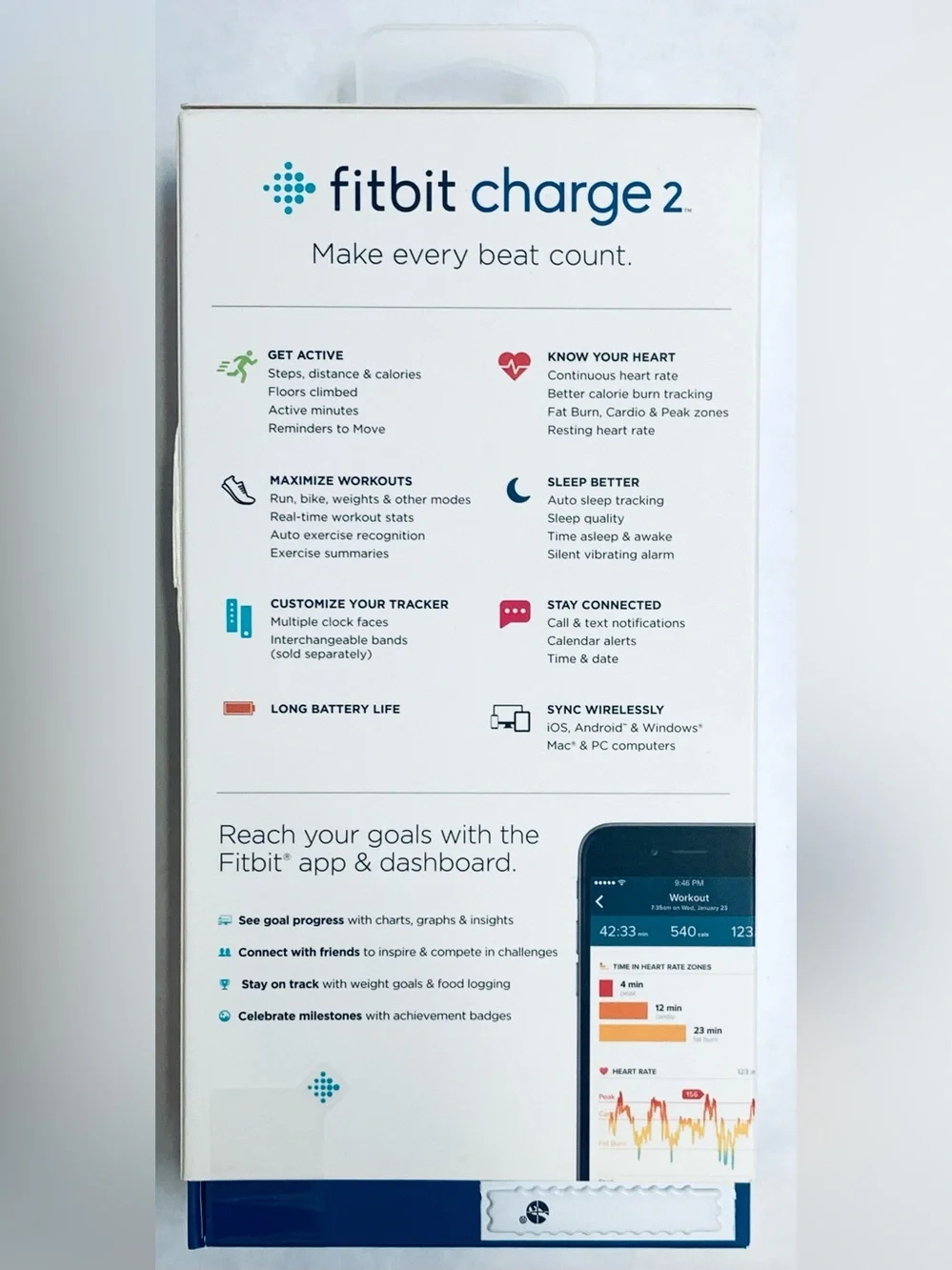 FITBIT CHARGE 2 NIB Black S heart rate and fitness wristband